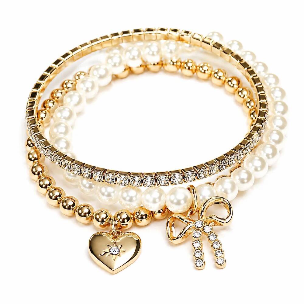 NEW MIMI WHOLESALE women's pearl bow charm bracelet set in gold